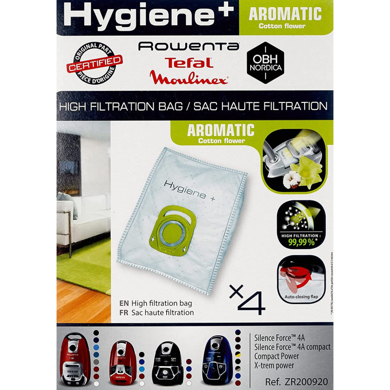 Boîte de 4 sacs aspirateurs Hygiène+ Aromatic Fleur de coton pour aspirateurs traineaux Rowenta, Tefal, Moulinex