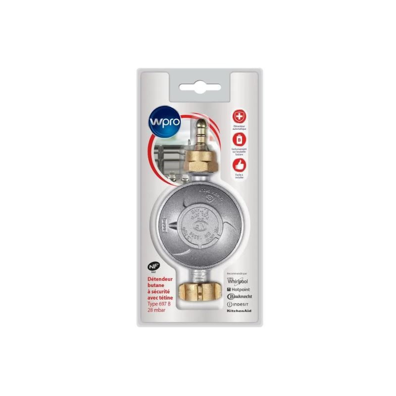 WPRO DBB028 Détendeur avec obturateur automatique intégré pour gaz butane avec tétine amovible pression 28mbar