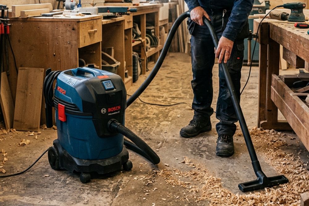 nettoyage d'un sol d'atelier à l'aide d'un aspirateur bosch
