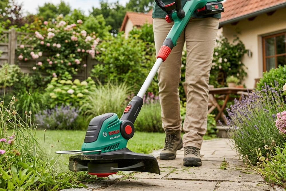 coupe-bordure bosch en action dans le jardin