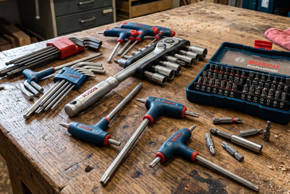 embouts et clés de serrage disposé sur la table d'un atelier