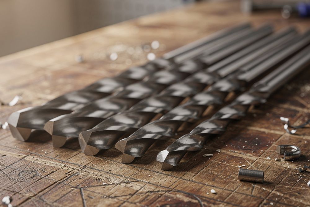 différents forets disposés sur une table d'atelier