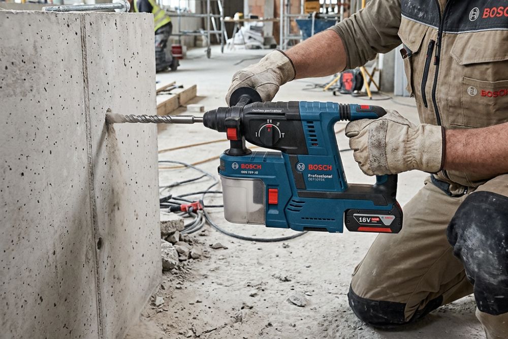 utilisation d'un marteau perforateur bosch dans un chantier