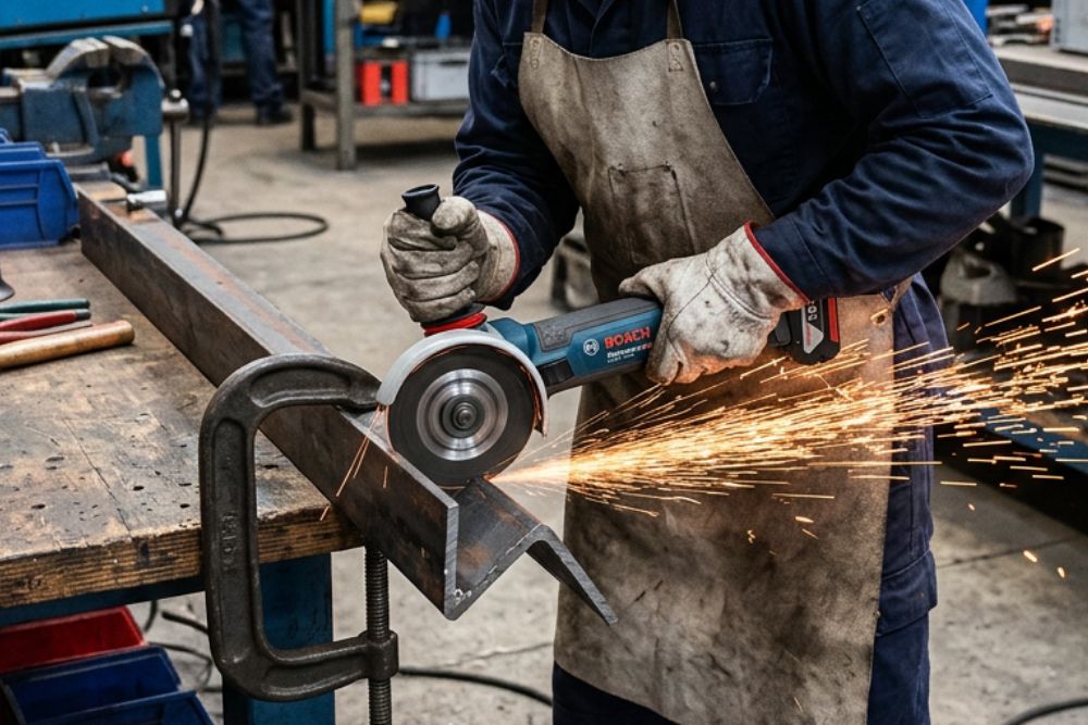 utilisation d'une meuleuse angulaire bosch dans un atelier