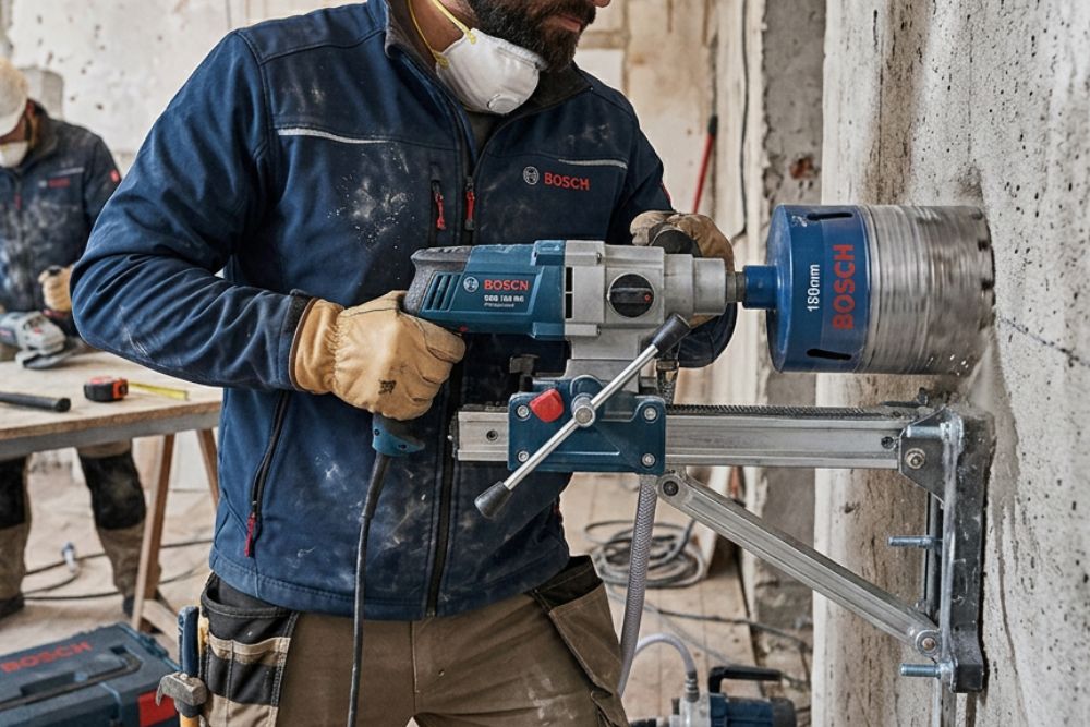 utilisation d'une perceuse à couronne bosch dans un chantier