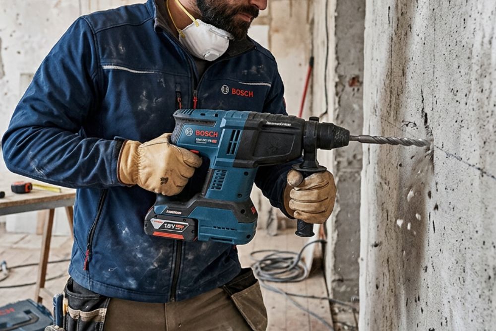 utilisation d'une perceuse à percussion bosch dans un chantier