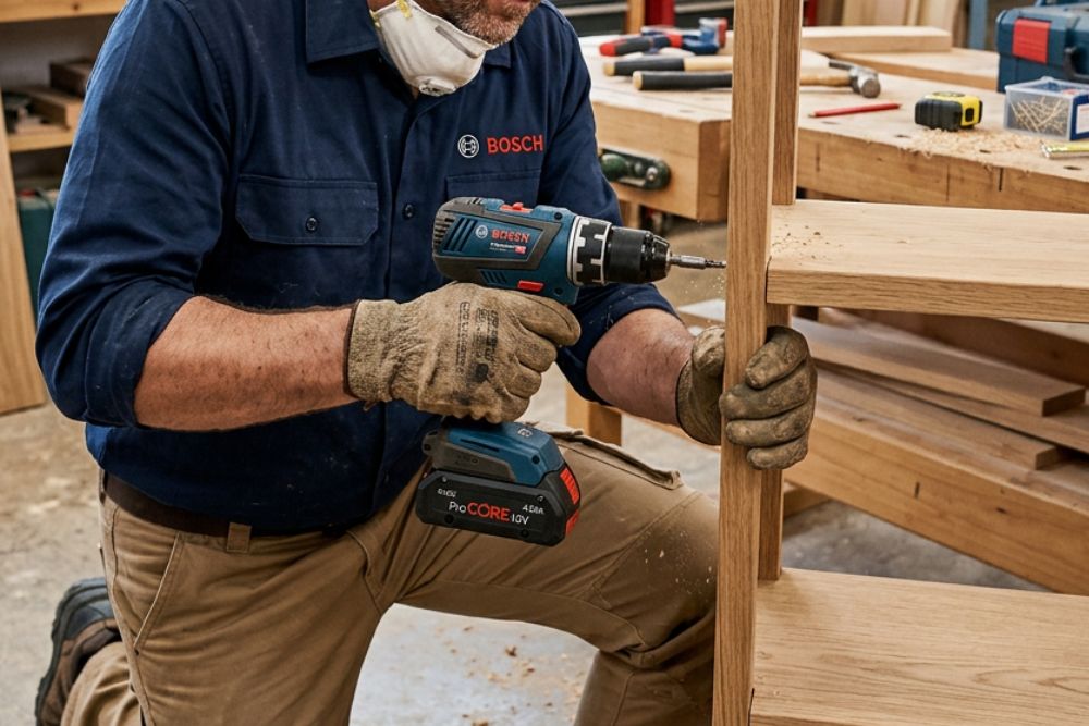 utilisation d'une perceuse visseuse bosch dans un atelier