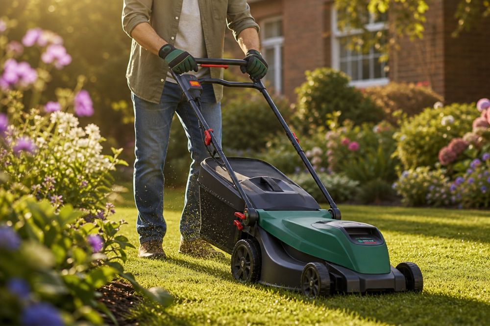 tondeuse à gazon bosch en action dans le jardin