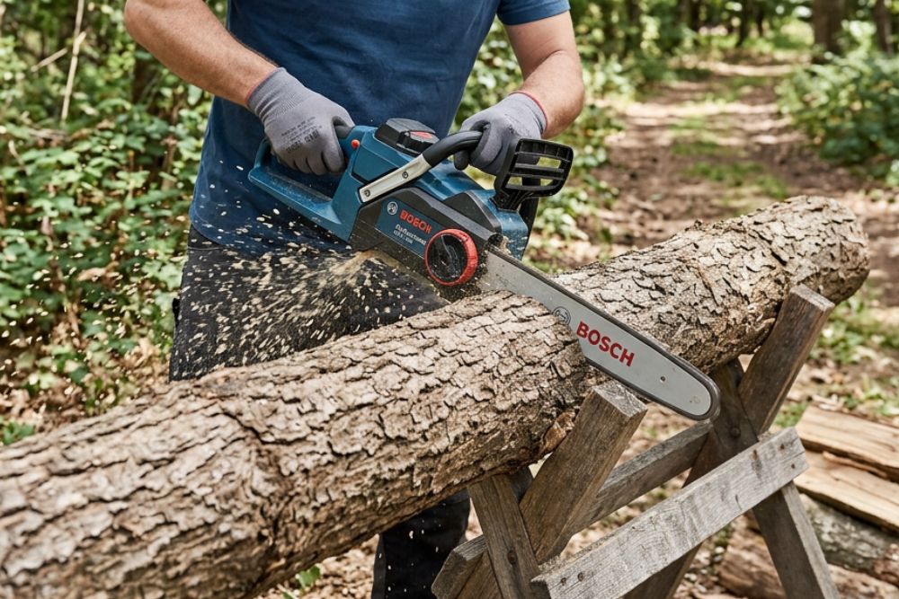 utilisation d'une tronçonneuse bosch